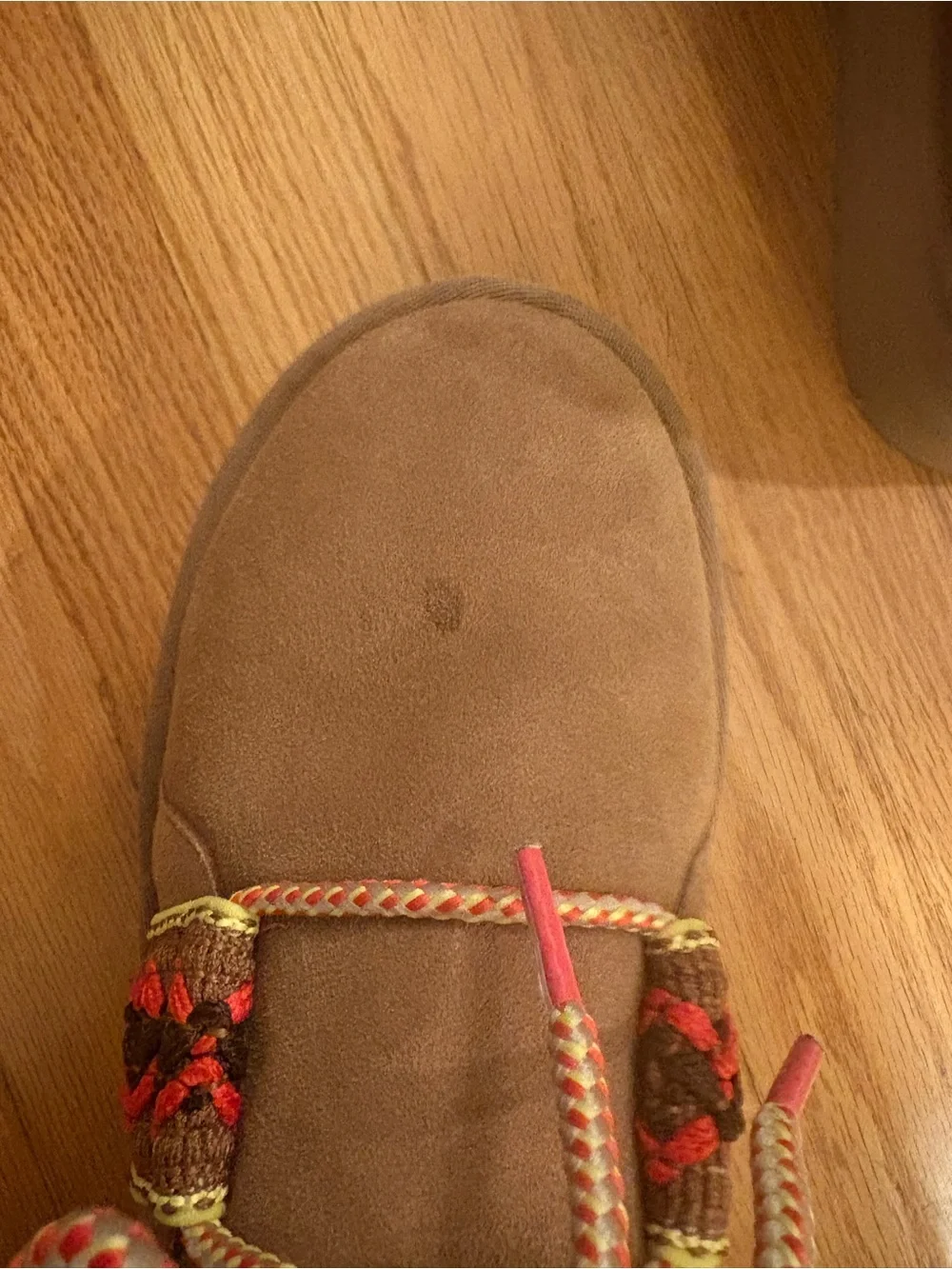 UGG Tan Suede Platform Ankle Boots with Red and Yellow Embroidered Trim
